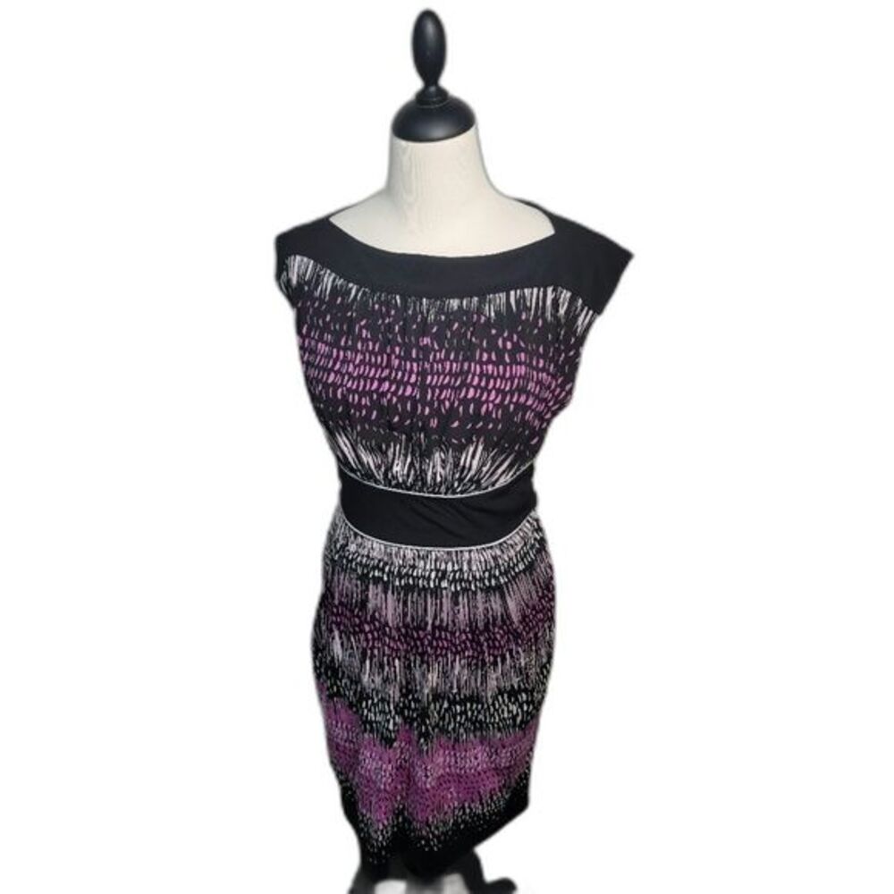 Max and Cleo Sleeveless Knee Length Dress Sz S Empire Waist Black Purple White